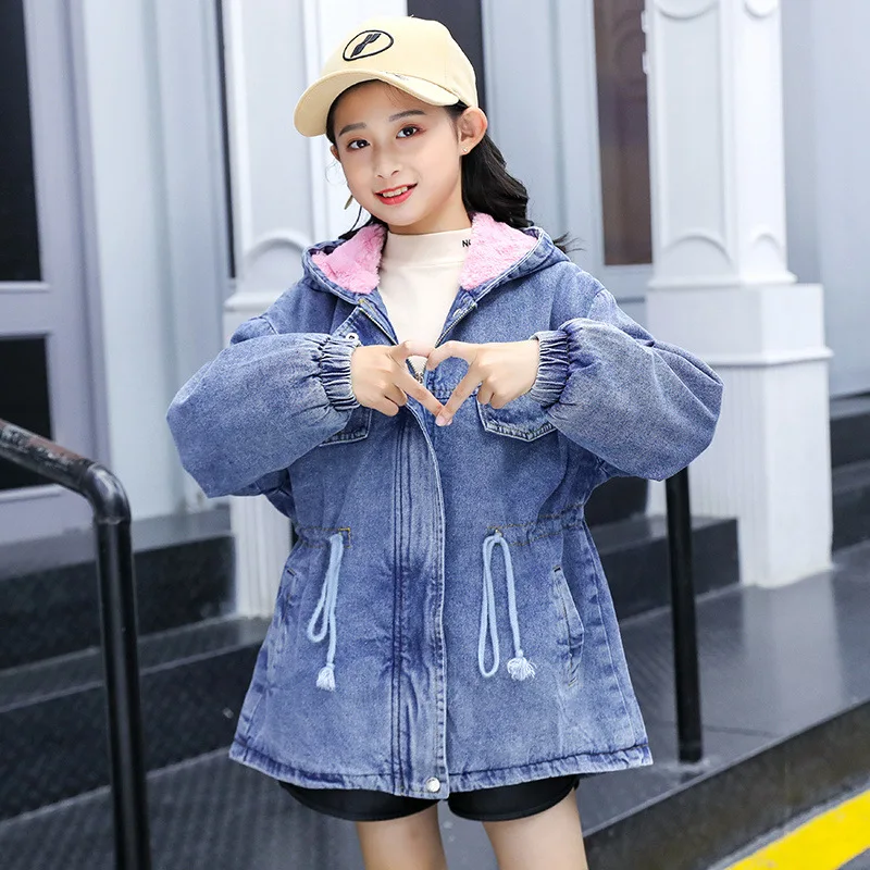 

Girls Winter Denim Jackets Plus Velvet Hooded fur Collar Girls Outerwear Coat 8 10 Years Kids Clothes Baby Thick Coats Children