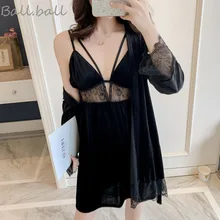 Сексуальный сетчатый бандажный женский пижамный комплект Ночная рубашка+ халат 2 шт. женская ночная рубашка с v-образным вырезом Весенняя женская ночная рубашка Gecelik