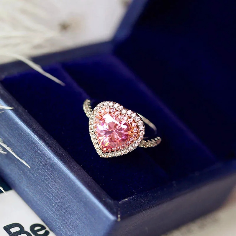 Роскошное женское большое розовое кольцо принцессы в форме сердца серебряного