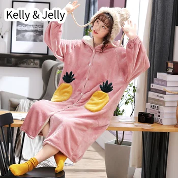 

Heavy flannel nightgown lady autumn/winter open button nightdress pocket pineapple long hair coral home dress