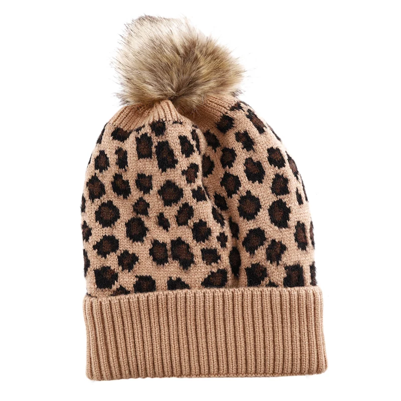 

Women's Autumn and Winter Soft Wool Brimless Leopard Hat, Leopard Print and Plush Ball
