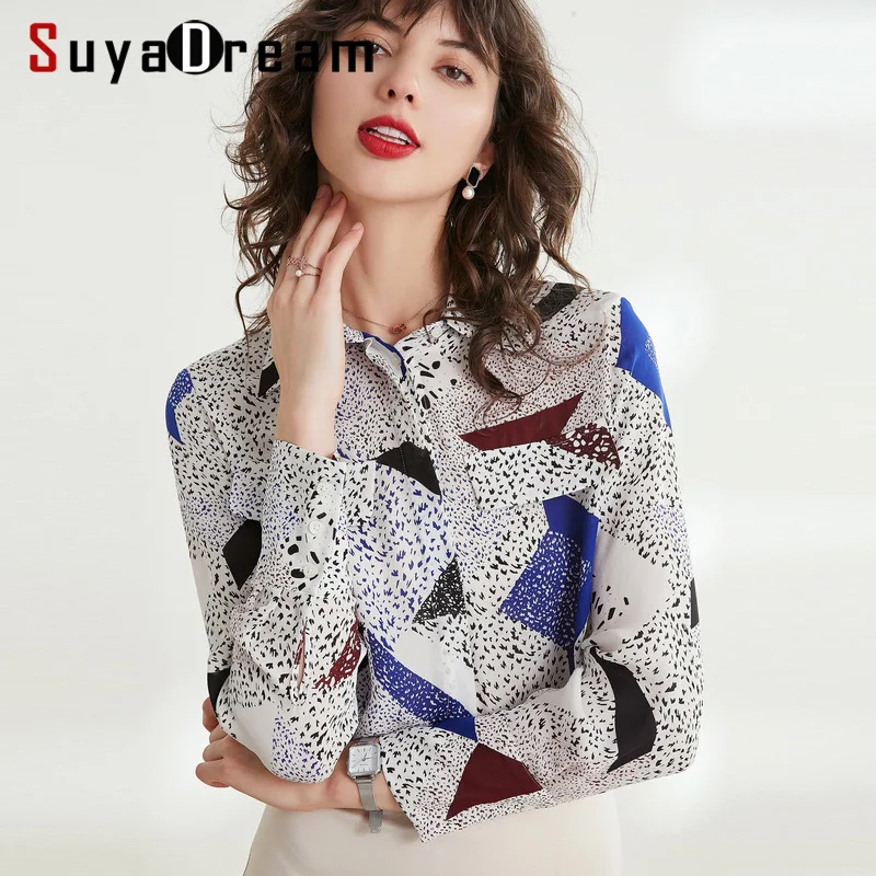 

Women Silk Blouse 100% REAL SILK CREPE Chest Pockets Blouses for Women Long Sleeved Print Blouse Shirt 2019 Office Lady Blouse