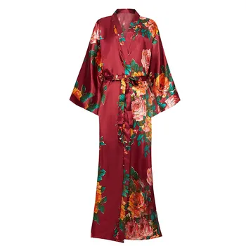 

Elegant Burgundy Lady Bride Bridesmaid Wedding Robe Sleepwear Exquisite Print Flower Nightgown Soft Casual Bath Gown Plus Size