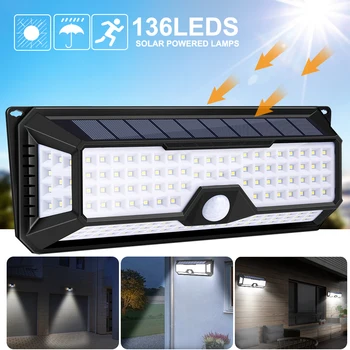 

136/92/42 LED Solar Wall Light PIR Motion Sensor Wall Lamp 3 Modes Outdoor Garden Yard Waterproof Energy Saving Pathway Lamp