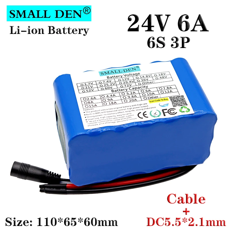 

24V 6000mAh 18650 lithium-ion Battery pack 6S3P 350W DC 25.2V Electric bicycle Moped Motor rechargeable Battery Build-in 15A BMS