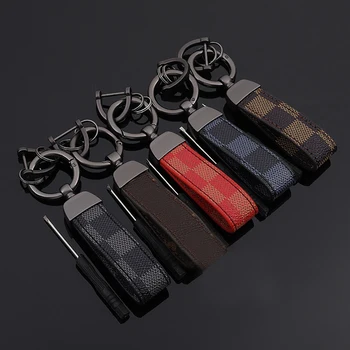 

2020 Red Blue Square Pattern Leather Keychain Luxury Old Flower Leather Circle Buckle Keychains Auto Car Waist Key Chain Keyhold