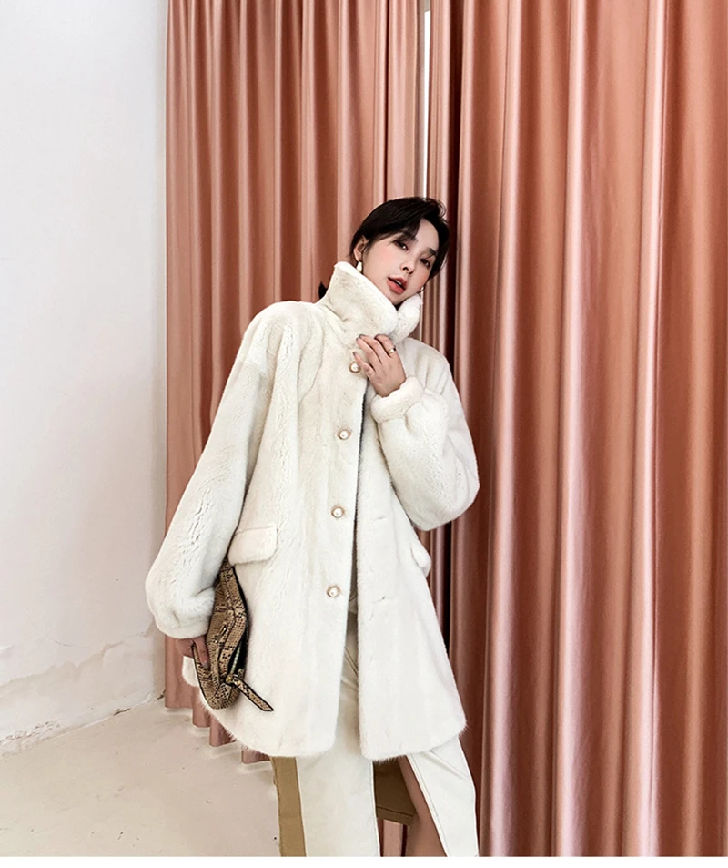 Ftangaiur2019 Winter Import Purple standard Velvet Mink Fur Coat Beige With Pockets Mink Coat Women's Medium Real Mink Fur Coats