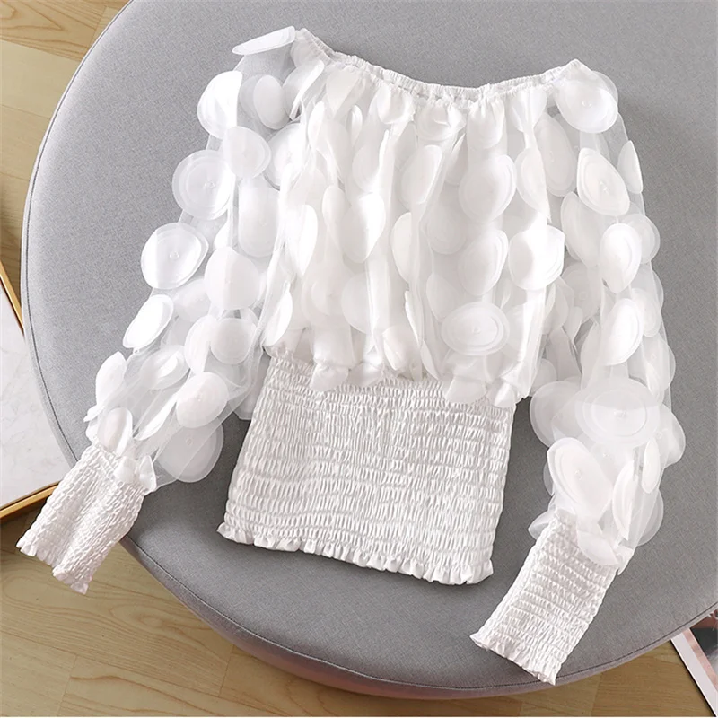 

Женский топ на одно плечо с поясом, трехмерная шифоновая сетчатая рубашка с рукавами-фонариками