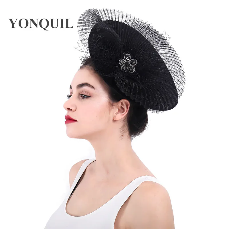 Black derby big chapeau caps mesh bride women elegant fedora hats fascinators veils with hair clip church occasion fedora hat