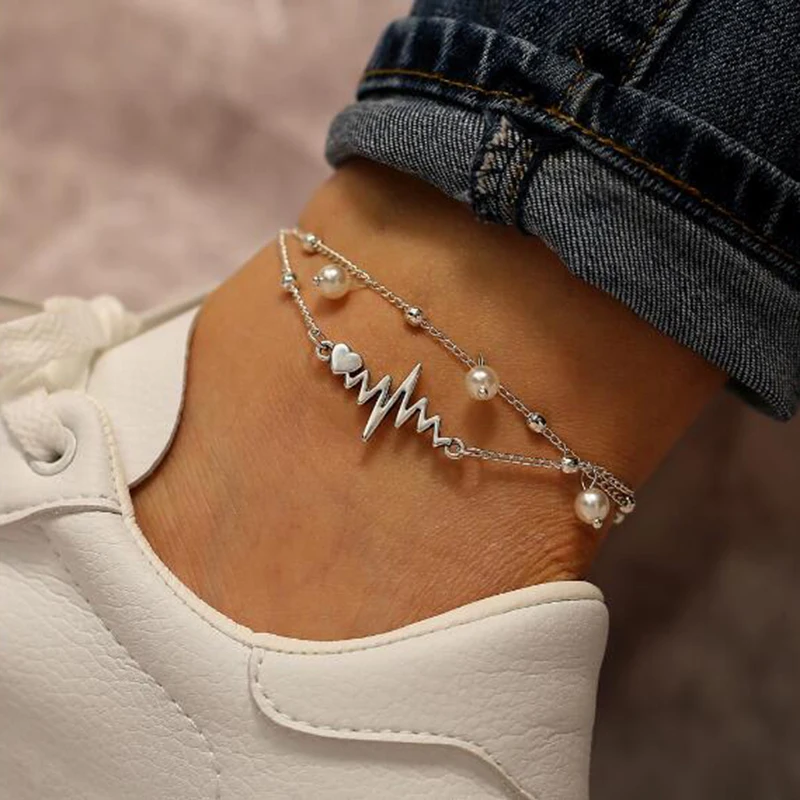 

New 2 Layered Ankel Bracelets for Women Imitation Pearls Electrocardiogram Charm Foot Bracelet Silver Color Jewelry X260