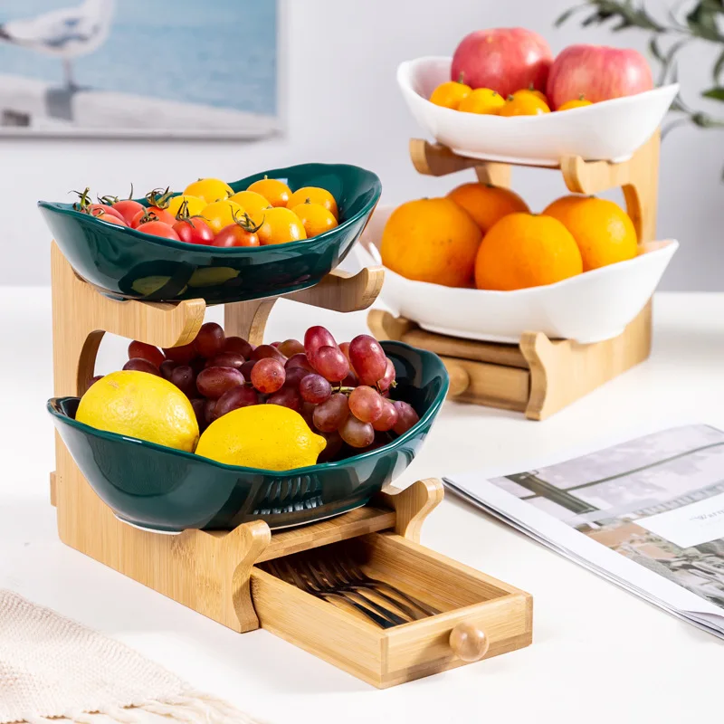 

Ceramic fruit plate creative fruit plate modern Nordic living room coffee table fruit basket household wooden frame double layer