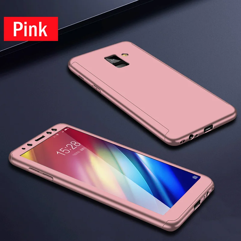 360 полный защитный чехол для samsung Galaxy J3 J5 J7 Prime A3 A5 A7 J530 J730 J4 J6 A6 A8Plus A9 чехол с Стекло - Цвет: Rose gold