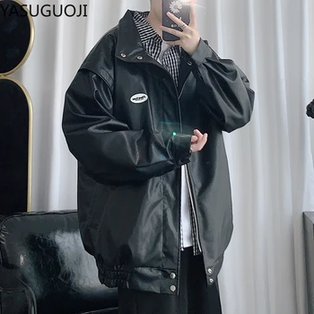 

YASUGUOJI Loose Leather Jacket Men Casual PU Motorcycle Jacket Spring Coat Comfort Bomber Camp High Quality Black Business