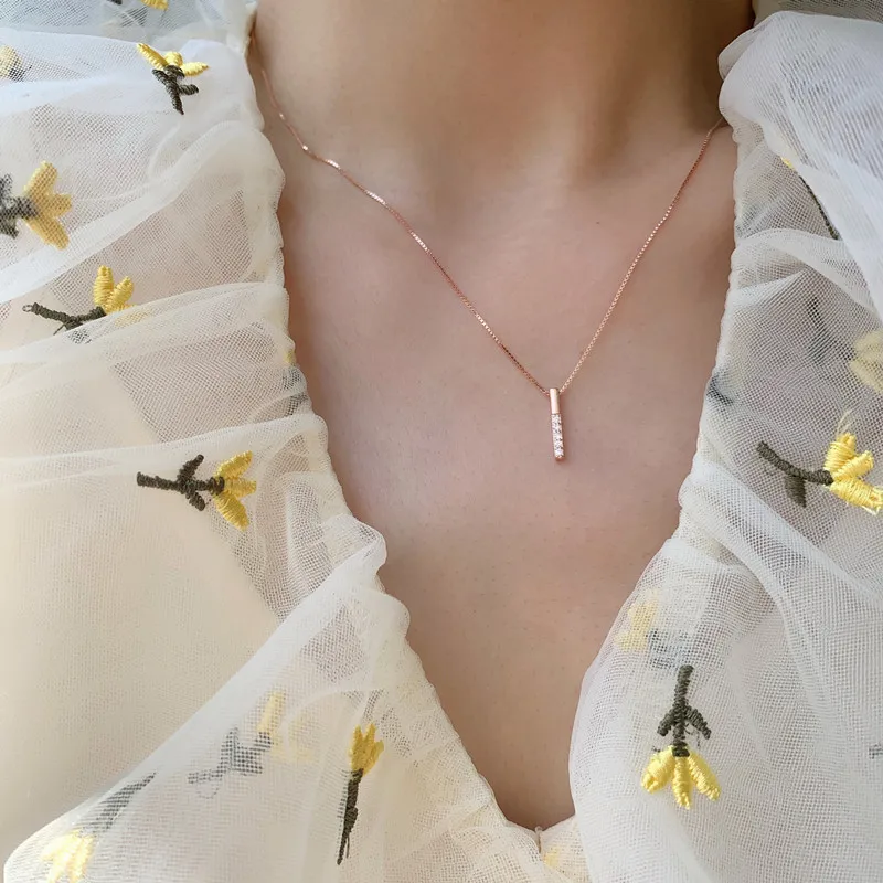 925 Sterling Silver Zircon Rhinestone Strip Shape Pendant Necklaces For Women
