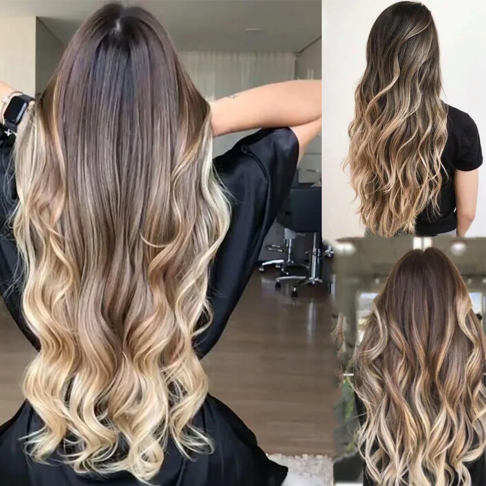 U.SHINE Ombre Brown Light Blonde Platinum Long Wavy Middle Part Hair Wig Cosplay Natural Heat Resistant Synthetic Wig for Women