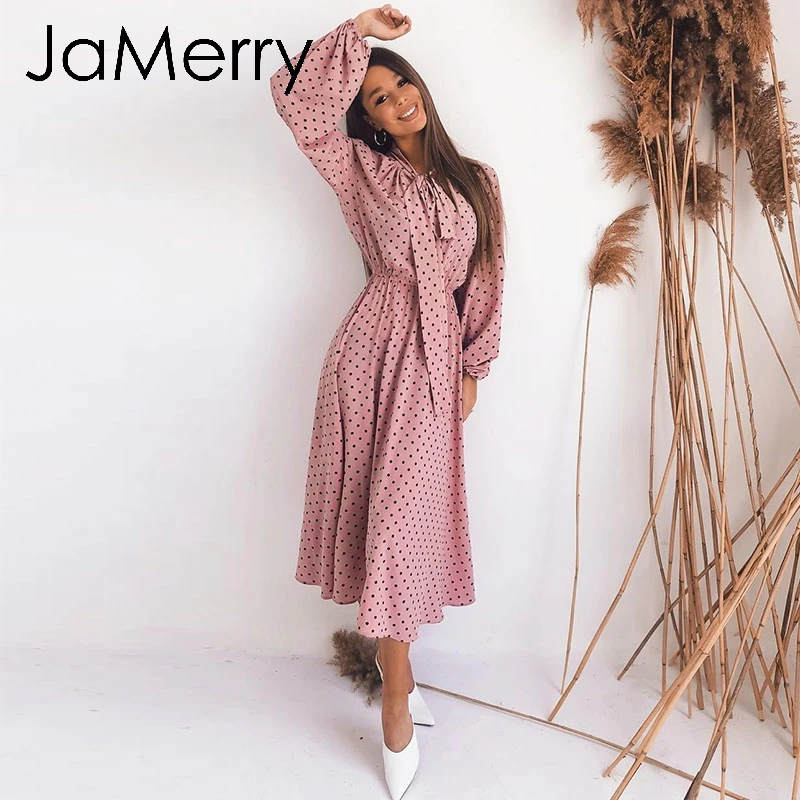 JaMerry винтажное элегантное платье в горошек, Сексуальное розовое платье с рукавом-фонариком, свободное праздничное осеннее женское шикарное длинное вечернее платье макси с бантом