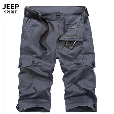 JEEP SPIRIT Cargo короткие мужские летние мужские короткие Masculino с несколькими карманами средней талии до колена Короткие hombre Без ремня - Цвет: Серый