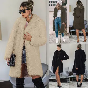 

Elegant Womens Teddy Bear Long Knee Coat Winter Warm Solid Color Plush Coat Ladies 2020 Faux Fur Lapel Outwear Slim Streetwears