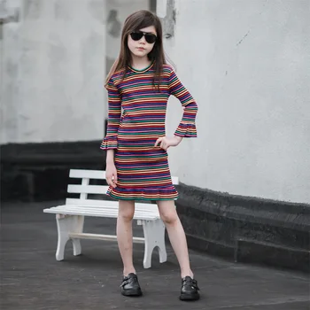 

2020 New Style Spring Trumpet Sleeve Girls Dresses Children Cute Princess Dresses Fashion Baby Girls Stripes Dresses