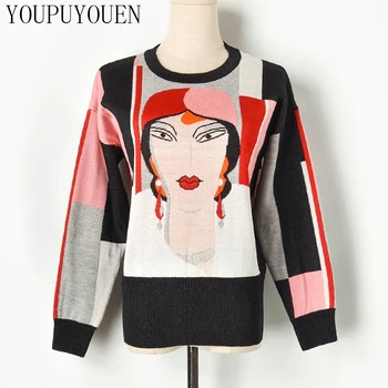 

2020 Cartoon Beauty Portrait Jacquard Sweater Women's Round Neck Long Sleeve Pullover Fashion Runway Jumper Ladies Knit Tops