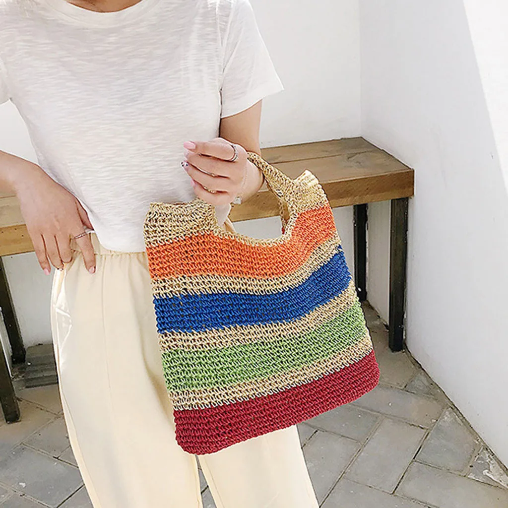 

2019 Large Capacity Hand Woven Bag Straw Bag Woman Horizontal Stripes Beach Bag Bolso Playa Grande #T1G