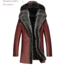Зимняя куртка из натуральной кожи, мужская куртка из настоящей овчины, шерстяная подкладка, Воротник из меха енота, теплое роскошное пальто 3125