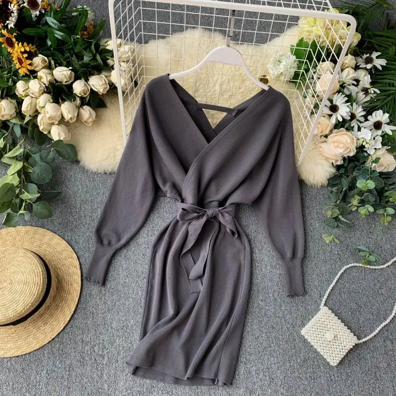 gray dress Fionto осенне-зимнее женское трикотажное платье-свитер Новое сексуальное платье с v-образным вырезом и длинным рукавом «летучая мышь» на бедрах Женская повязка - Цвет: gray dress