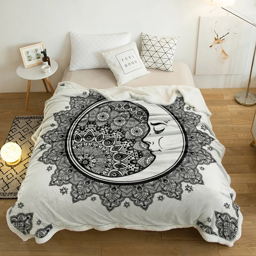 Mandala Shape Moon Paisley Black Blanket Floral Fleece Blanket for Kids Girl Couch Soft Plush Bedspreads Quilt Drop Ship