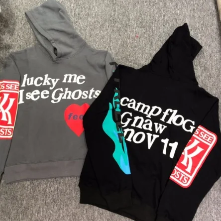 19ss Kanye West/Детский свитер с капюшоном с логотипом «видеть призраков», с флокированием, для женщин и мужчин, уличная одежда в стиле хип-хоп, модная мужская плотная толстовка с капюшоном с граффити