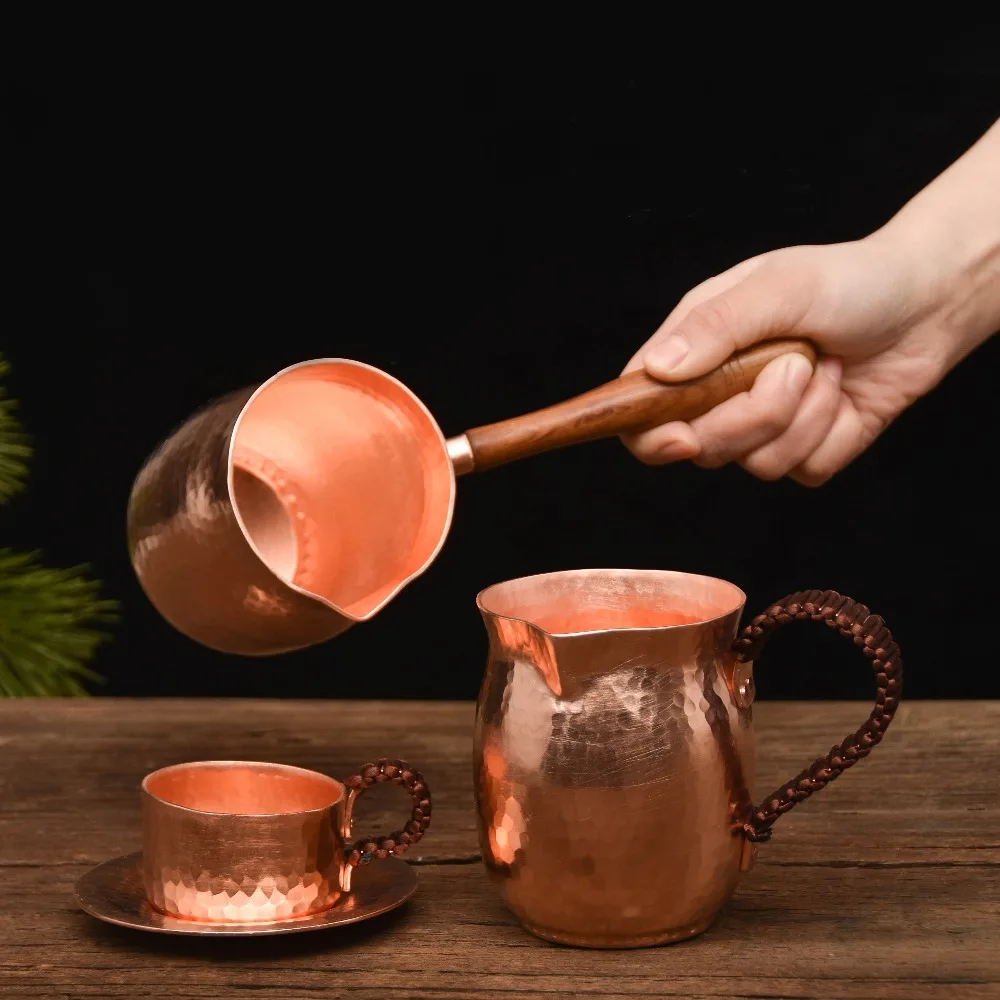 Copper Coffee Pot, Cream, and Sugar Set. Copper Coffee Serving Dishes with  Brass