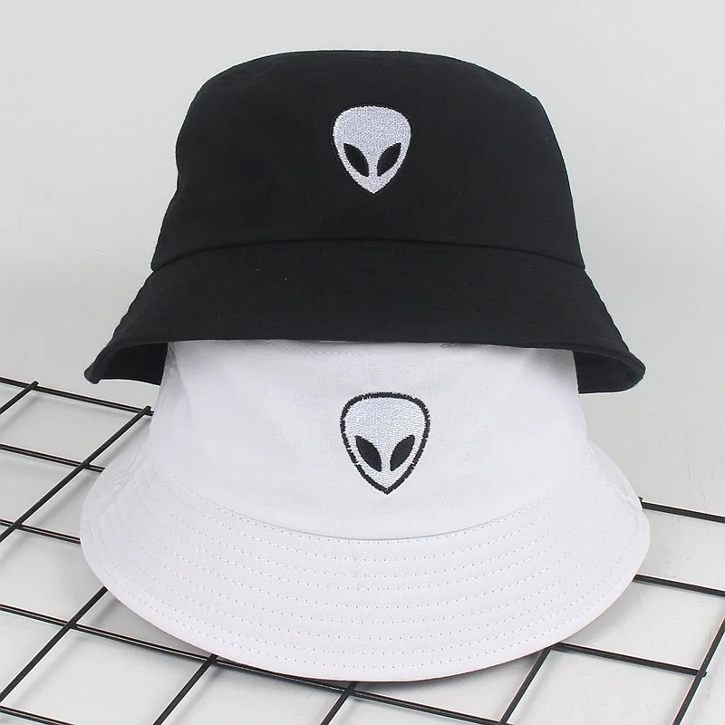 

Unisex black white solid Embroidered Alien Foldable Bucket Hat Beach Sun Party Street Headwear Panama Hat Harajuku Fisherman Cap