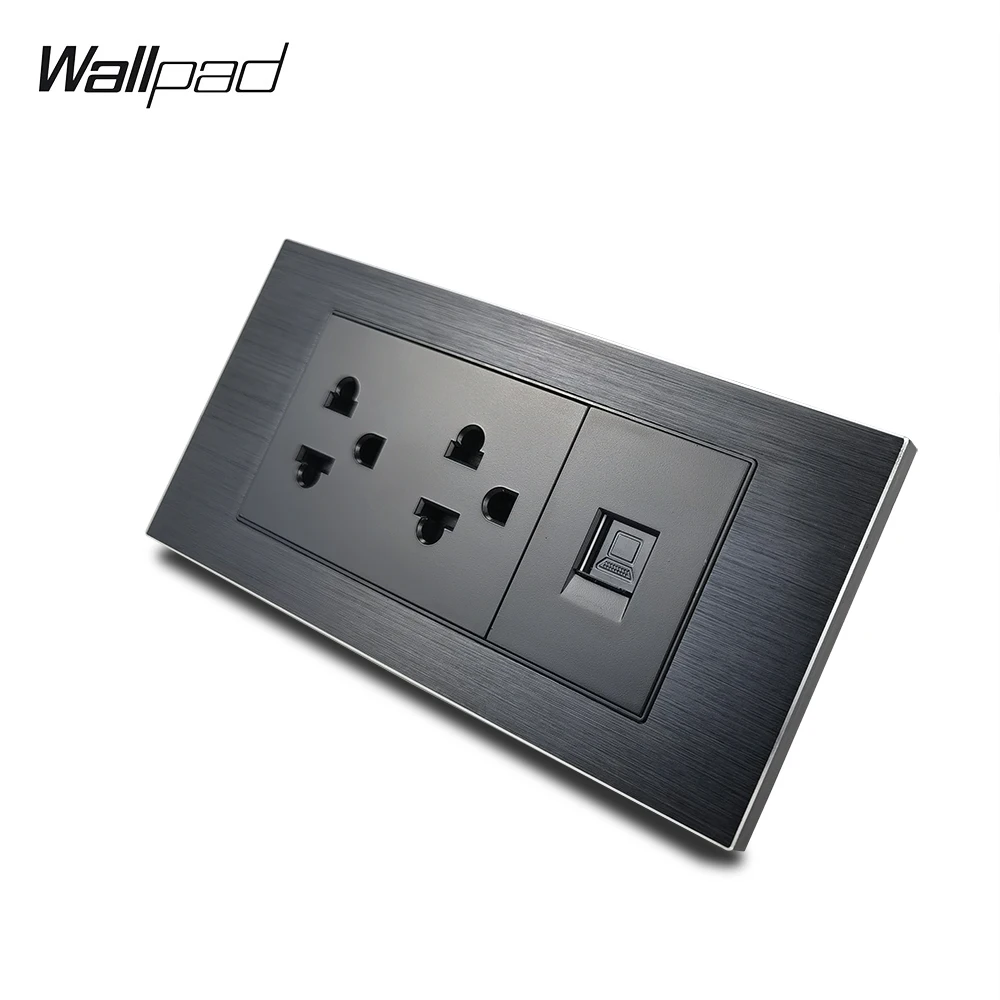 

153*75mm 2 US Socket and Data Socket Wallpad L3 Black Aluminum Frame Double US Universal Outlet Data RJ45 Internet Socket 9M