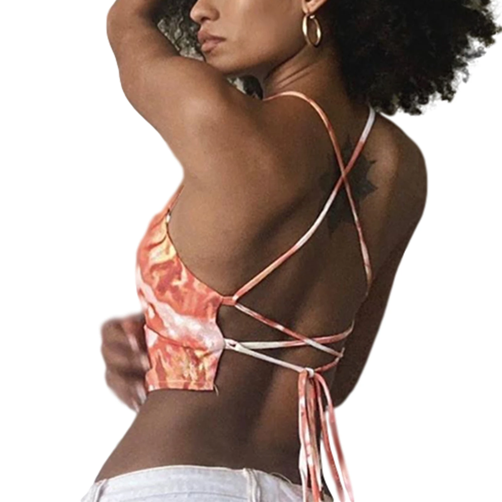 

Women Sexy Halter Tank Tops Tie Dye Sleeveless Tie Up Backless Camisole Wrap Bust Curve Corset Crop Vest Top 2020 Summer New