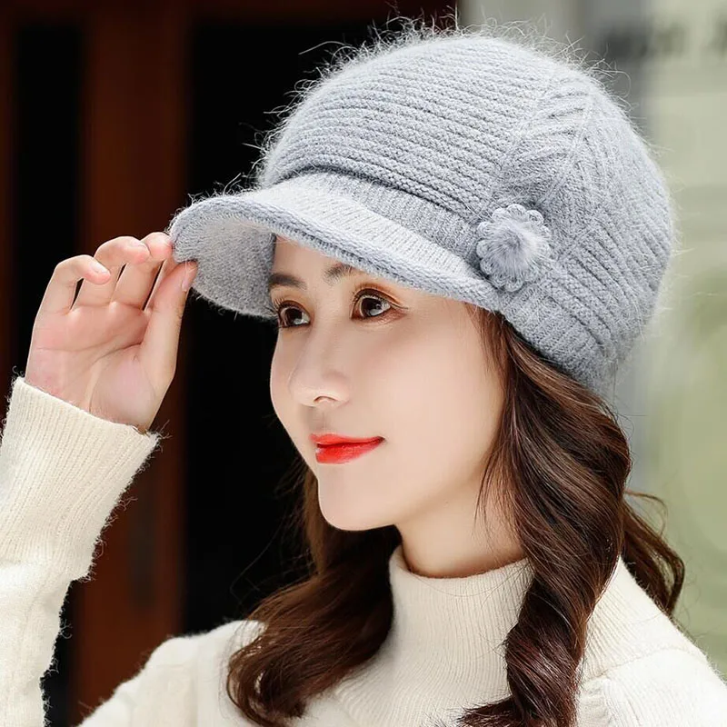 SUOGRY женский берет вязаная шапка из шерсти берет натуральный кролик Rur шапка одноцветная зимняя повседневная шапка высококачественный берет - Цвет: gray