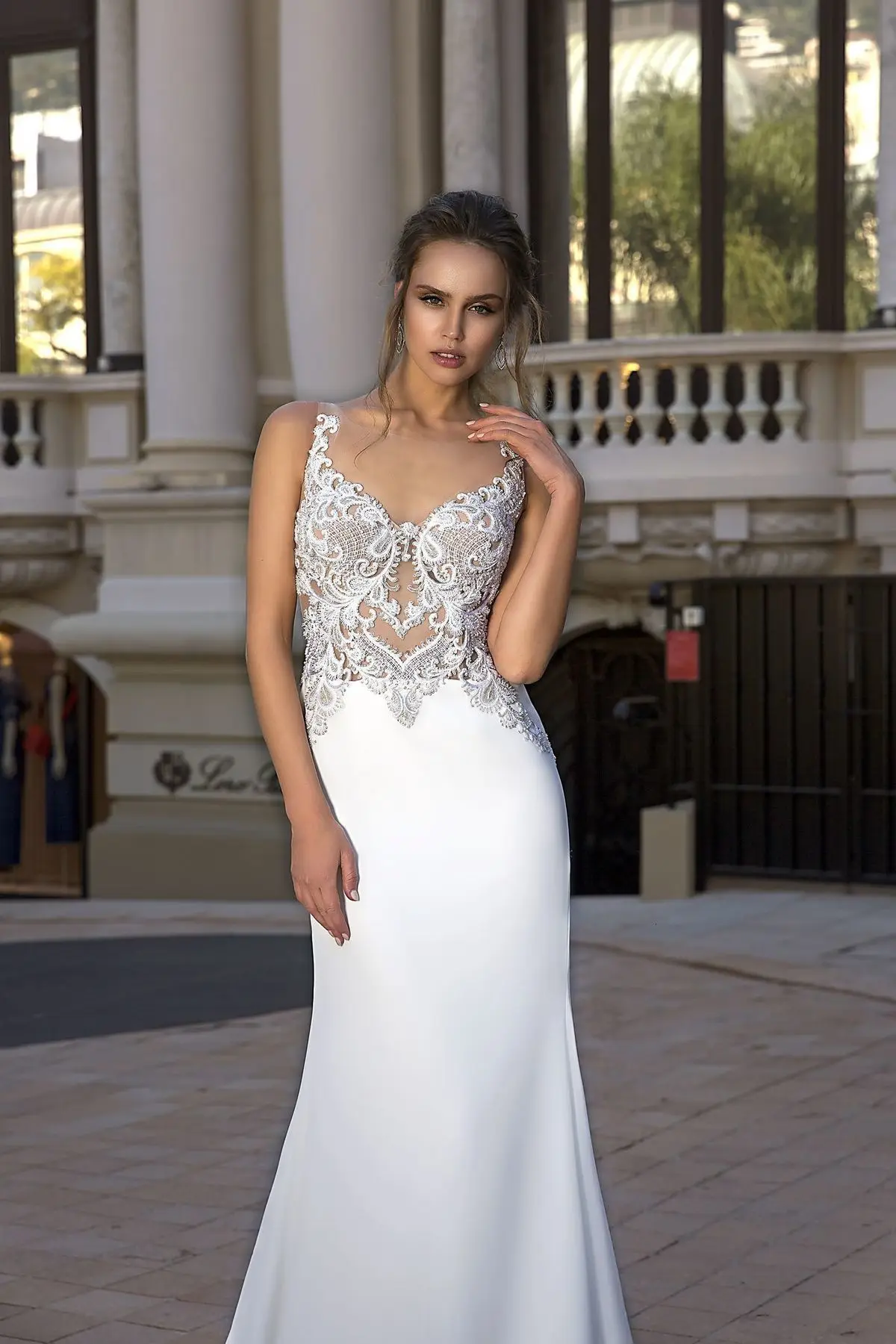 Vivian's Bridal Мода Иллюзия сетка кроп Топ Русалка свадебное платье Кружева Аппликации Кнопка молния шифоновое свадебное платье