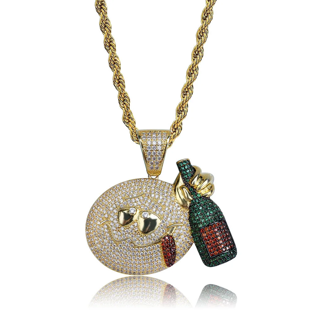 

Emoji Expression Take Wine Bottle Drunk Pendant Europe And America Hip Hop Multi-color Micro Pave Color Cool Necklace Cross Bord