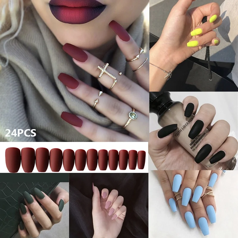 Longo Manicure Multi-cor Fosco Unhas Postiças Cola Usar Acabados 24 Pçs – Set