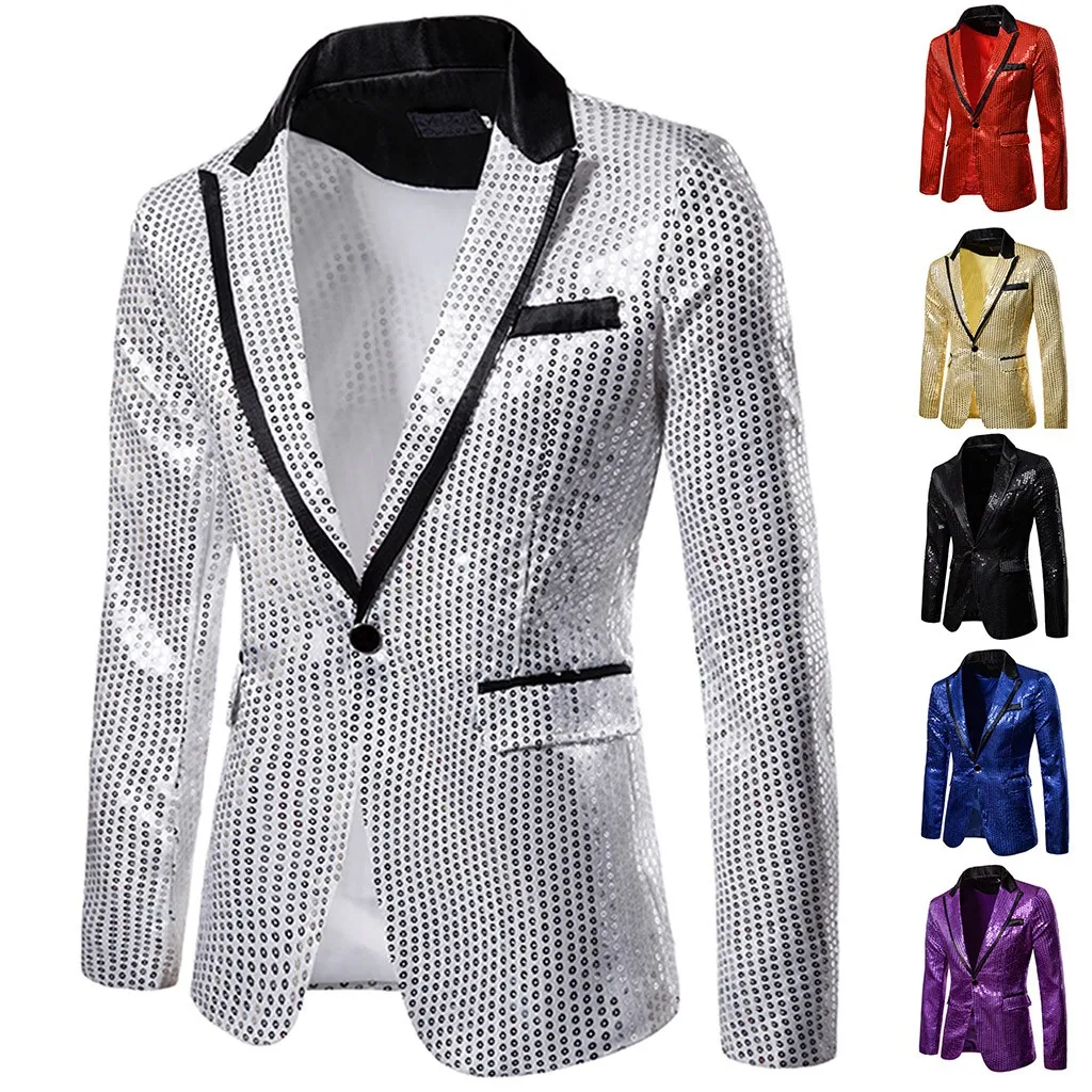 Mens Sequins Patchwork Suit Blazer Jacket Brand New Male Slim DJ Club Stage One Button Blazer Man Formal Wedding Clothes
