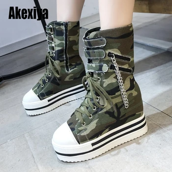 

Thick Bottom Wedge fashion Womens Boots Cowboy Camouflage Metal Chain Motorcycle Boots Woman Height Increasing Shoes u612