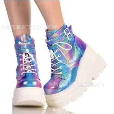 Зимние Модные кожаные ботинки на высокой платформе женские ботильоны танкетке