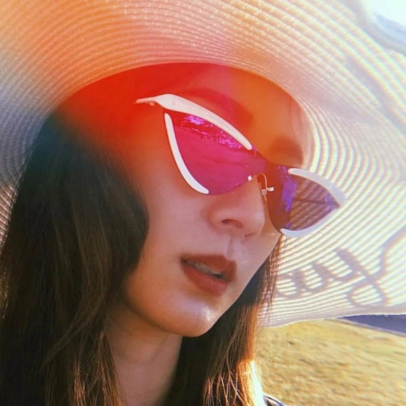 

QPeClou Unique Alloy Cat Eye Sunglasses Women One Piece Rimless Color Sun Glasses Ladies Oculos Female Shades Gafas De Sol UV400