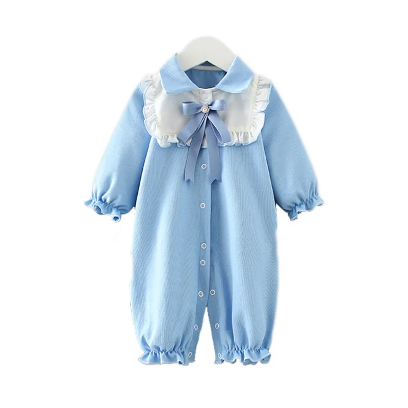 

Autumn Spring Baby Girls Boys Romper Knittd Cotton Long Sleeve Button Newborn Romper Knotbow Soft Infants Toddler Jumpsuit Blue