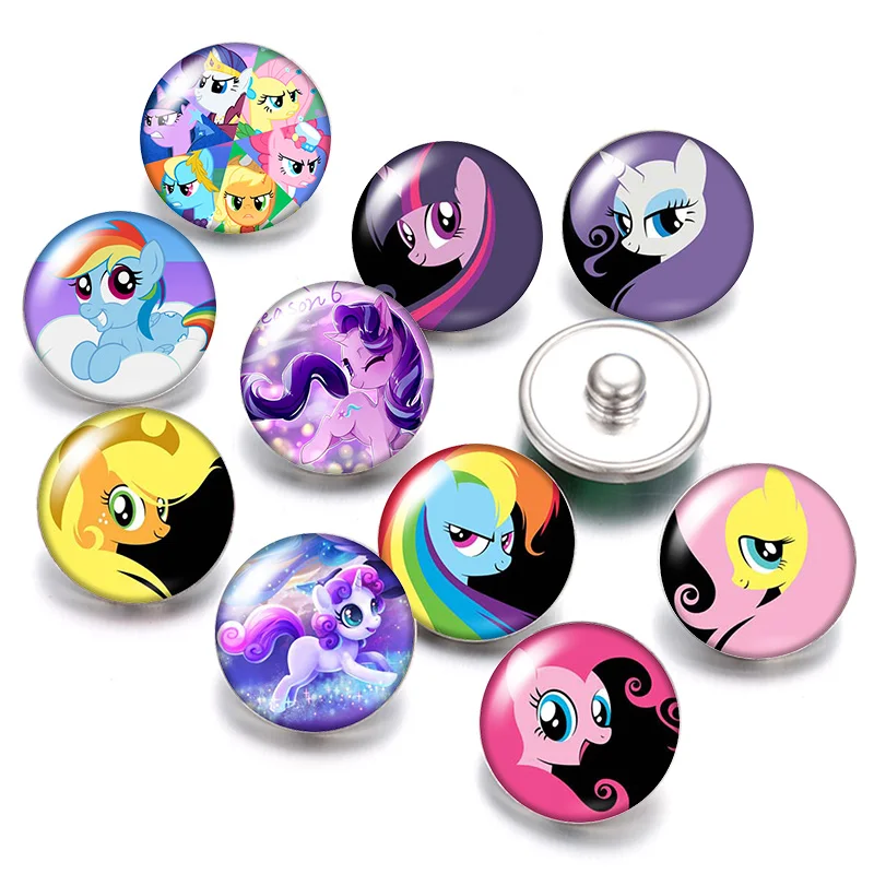 

Lovely Poony Horse Cartoon 18mm snap buttons 10pcs mixed round photo glass cabochon style for snap button jewelry