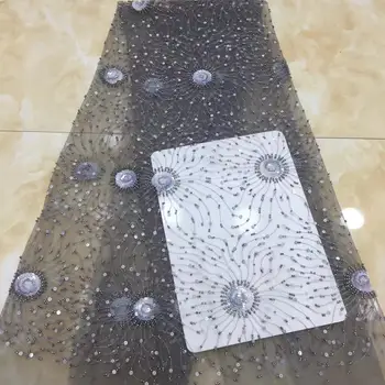 

(5yards/pc) high quality grey African tulle lace beads and sequins embroidered French net lace fabric for wedding party FZZ912
