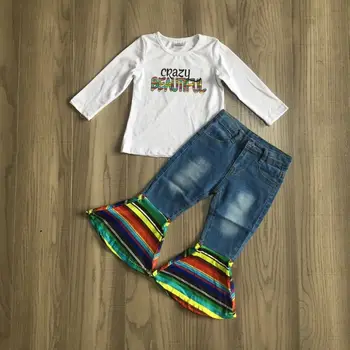 

girlymax children Girls fall clothing girl jean outft girl crazy beautiful white raglan multicolor bell bottom jean set