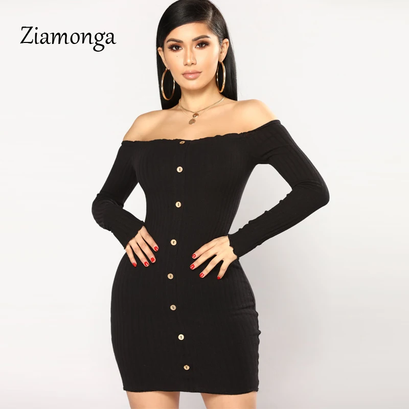 Ziamonga Sweater Dress Long Sleeve Bandage Strapless Off Shoulder Black White Knitted Autumn Winter Soft Sexy | Женская одежда