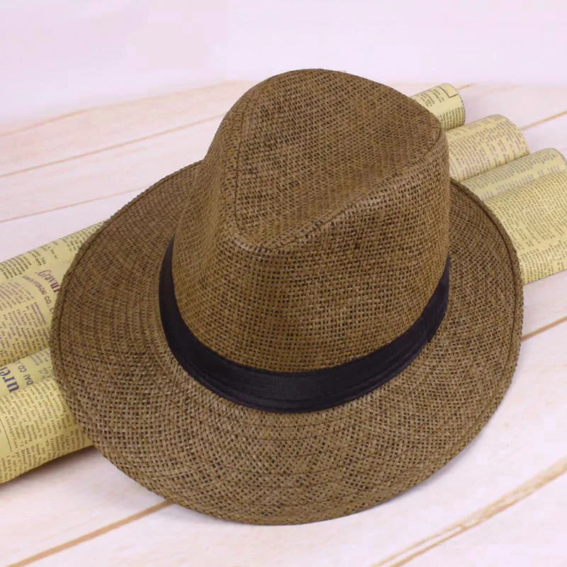 Men Straw Panama Hat Handmade Cowboy Cap Summer Beach Travel Sunhat SER88