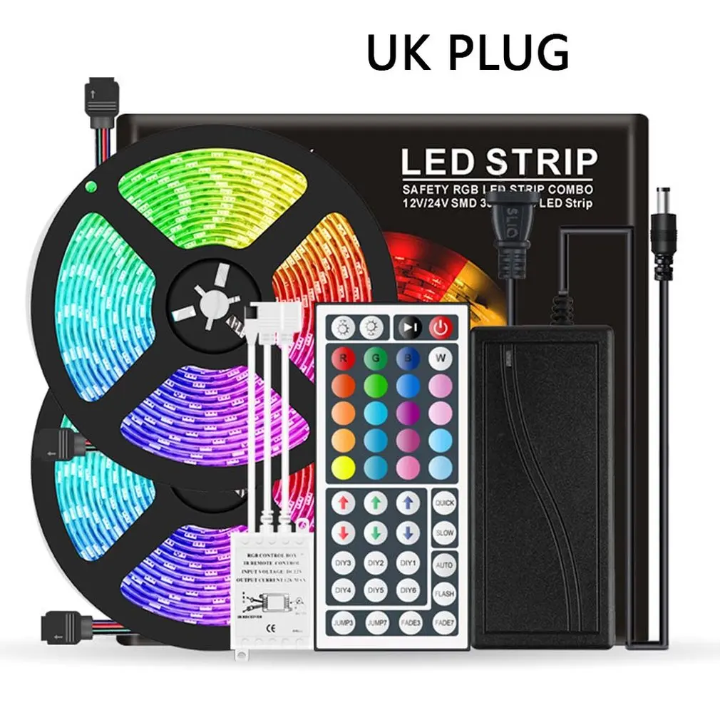 UK Plug Светодиодная лента RGB 5050 SMD 2835 гибкая лента светодиод RGB 5 м 10 м 15 М лента диод DC 12 В+ пульт дистанционного управления+ адаптер - Комплект: UK Plug