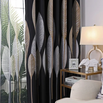 

Modern Curtains For Living Room Tulle Luxury Leaves Print Voile Blind Drapes Window Panel Blackout Curtain For Bedroom Finished