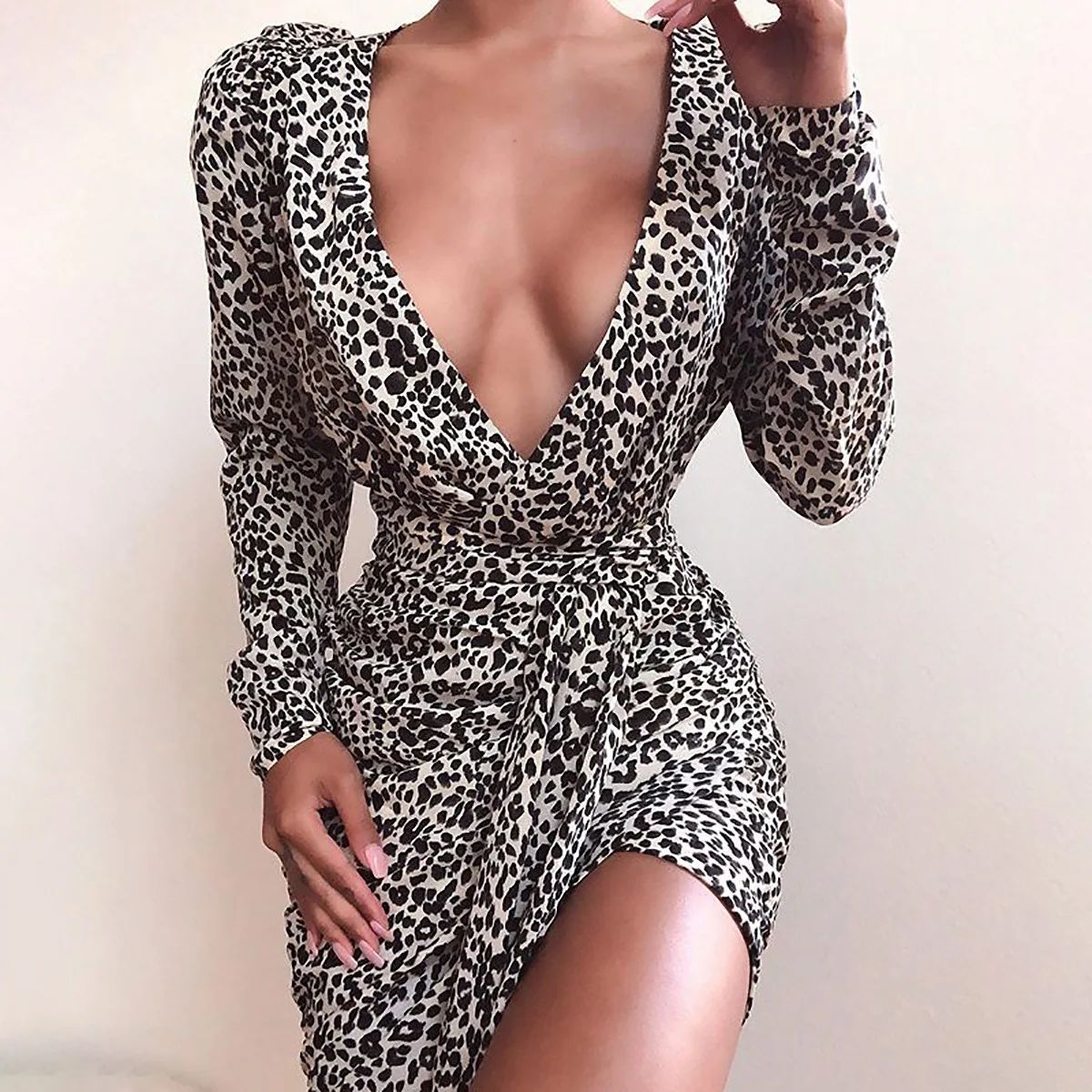 

2020 Europe And America New Style Hot Sales Long Sleeve Sexy Deep V Lace-up Leopord Pattern Dress Hot Selling